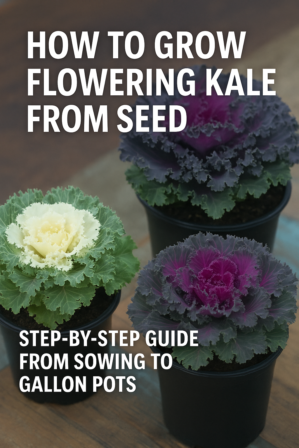 Flowering kale plants in purple, white, and pink shades growing in pots with text overlay 'How to Grow Flowering Kale from Seed – Step-by-Step Guide to Gallon Pots