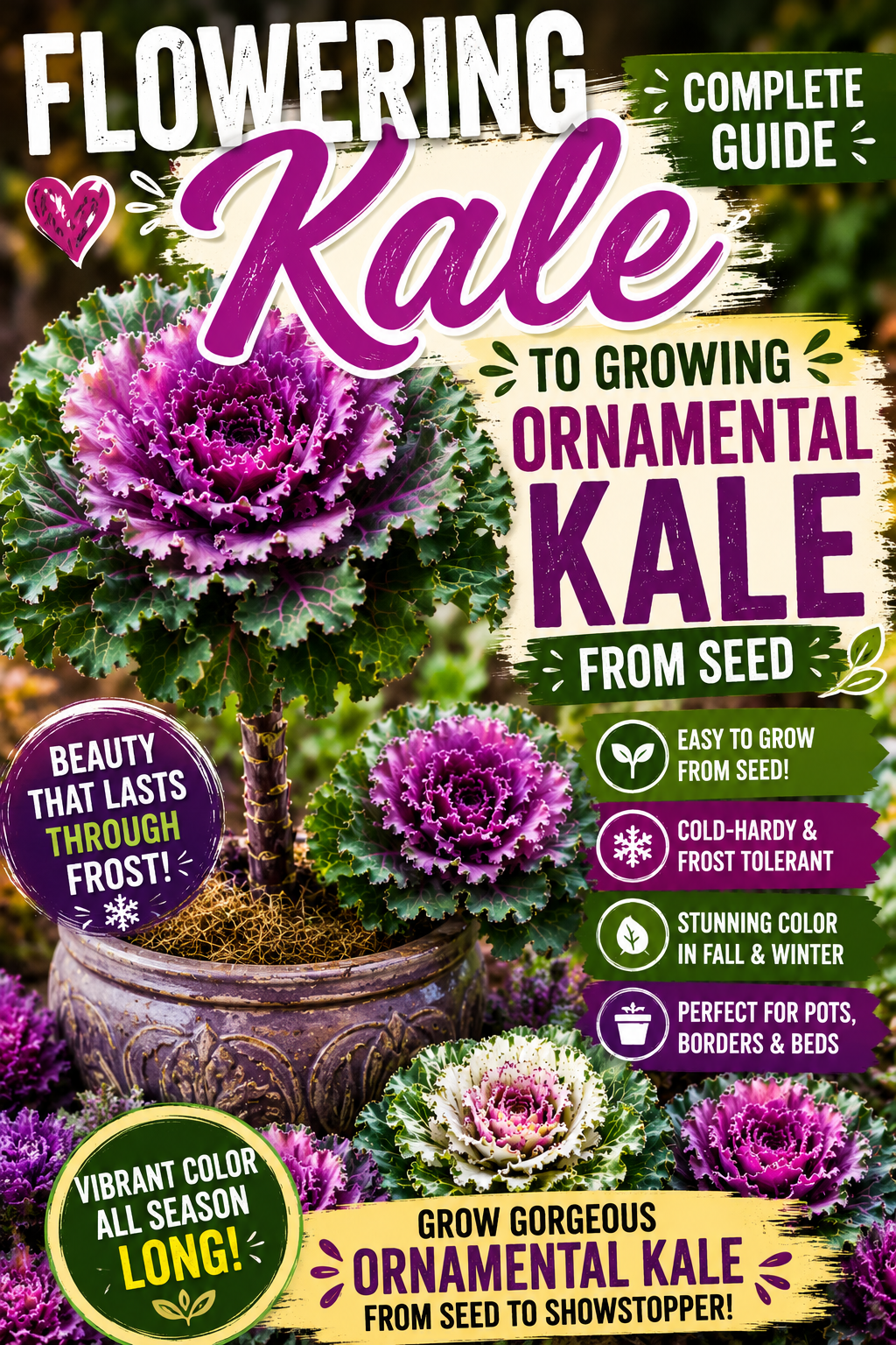 Flowering ornamental kale with vibrant purple, pink, and green ruffled foliage growing in containers, highlighting cold-hardy fall and winter color.