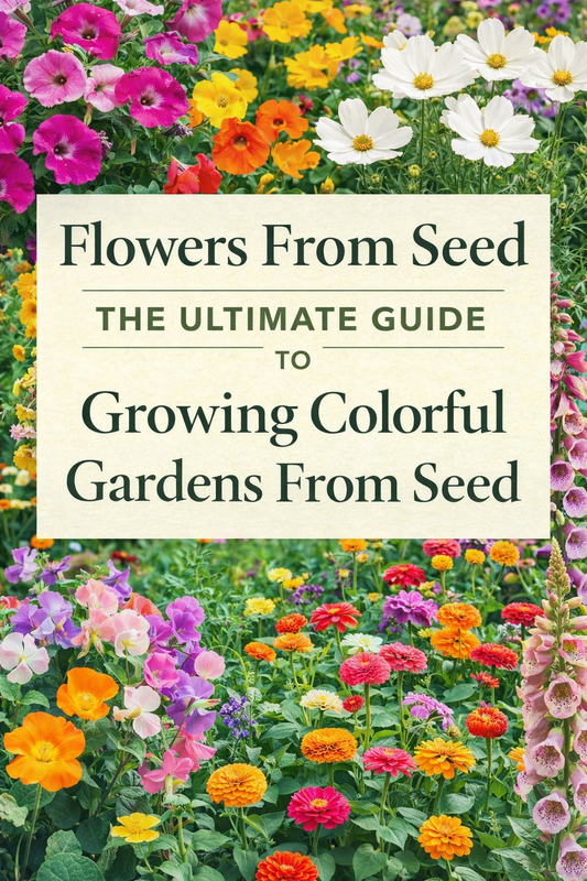 Colorful flowers grown from seed including petunias, zinnias, poppies, cosmos, and sweet peas in a garden setting