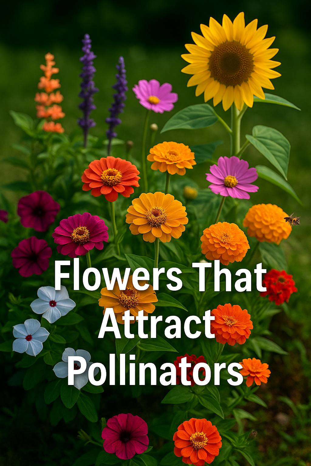 Colorful summer garden with zinnias, sunflowers, marigolds, cosmos, and other pollinator-friendly flowers attracting bees, butterflies, and hummingbirds