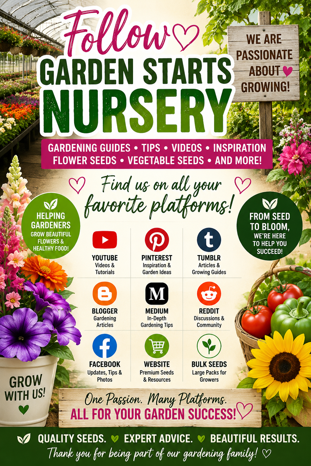 Follow Garden Starts Nursery for flower seeds, vegetable gardening tips, greenhouse guides, videos, and growing resources.