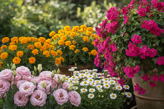 Lisianthus, English daisies, marigolds, and ivy geraniums blooming together in a colorful garden