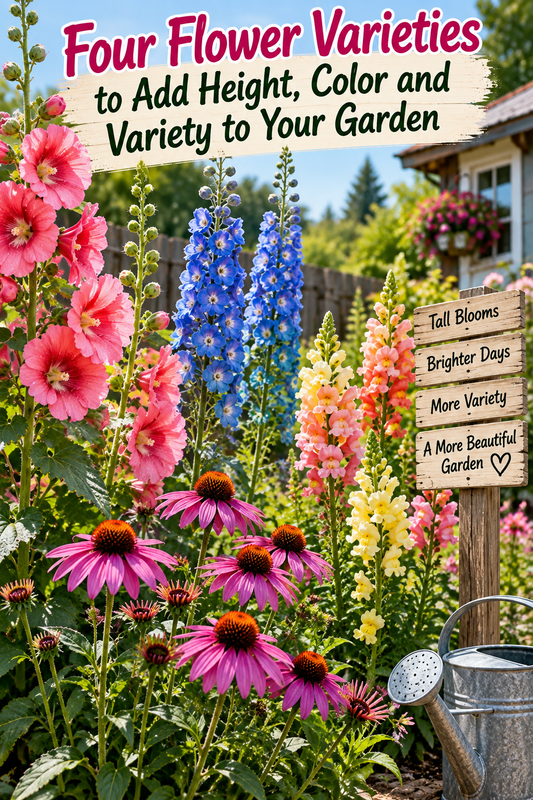 Four colorful flower varieties adding height, color, and variety to a sunny garden.