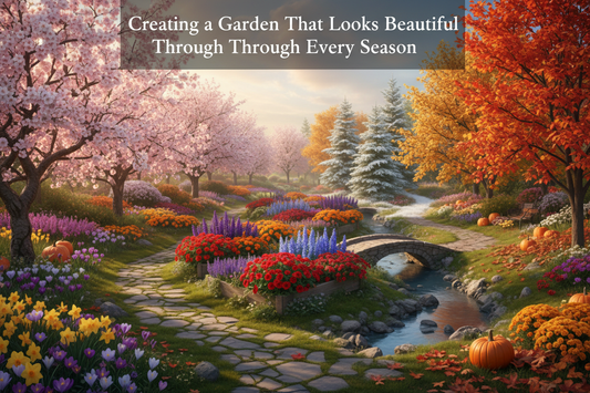 A lush garden showcasing colorful flowers and ornamental foliage through every season, from spring blossoms to autumn color