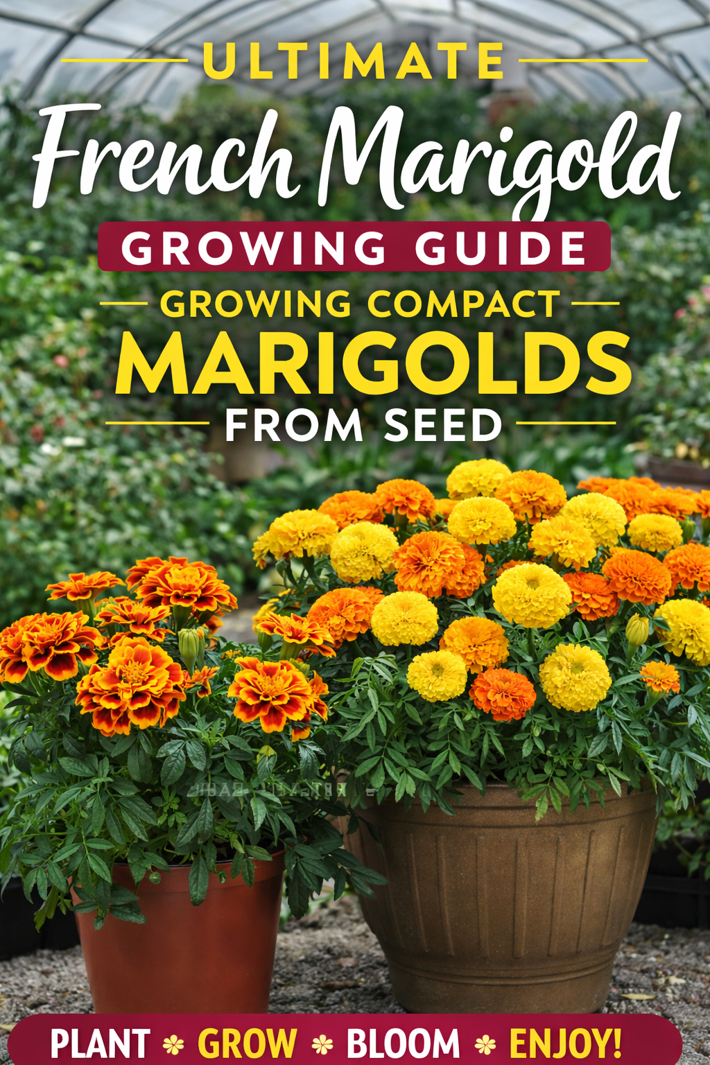 French marigold flowers growing in containers in a greenhouse showing compact marigold plants grown from seed