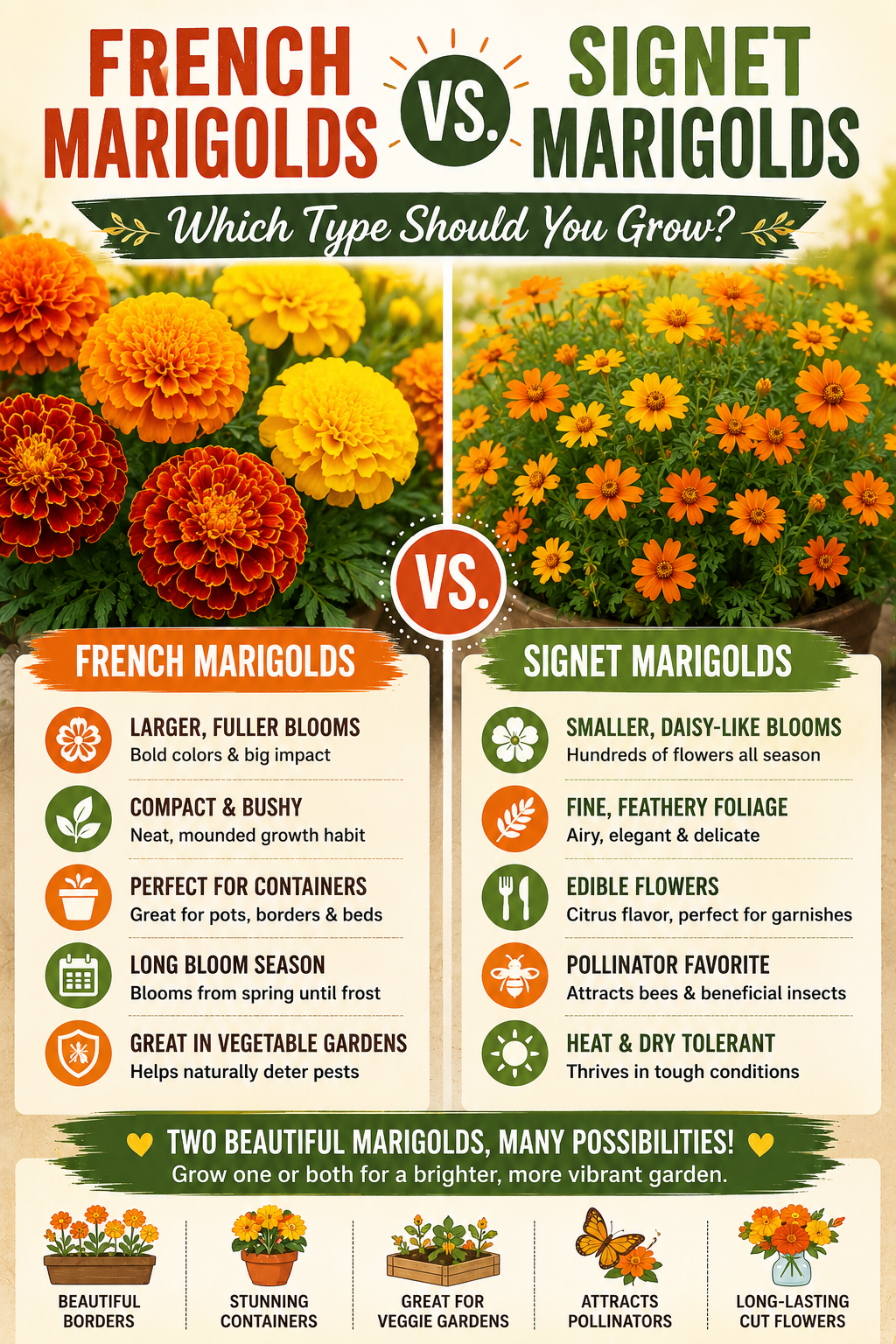 French Marigolds and Signet Marigolds growing side by side, comparing larger double blooms with compact plants versus delicate edible flowers and fine foliage in garden beds and containers.