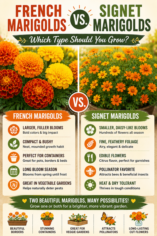 French Marigolds and Signet Marigolds growing side by side, comparing larger double blooms with compact plants versus delicate edible flowers and fine foliage in garden beds and containers.