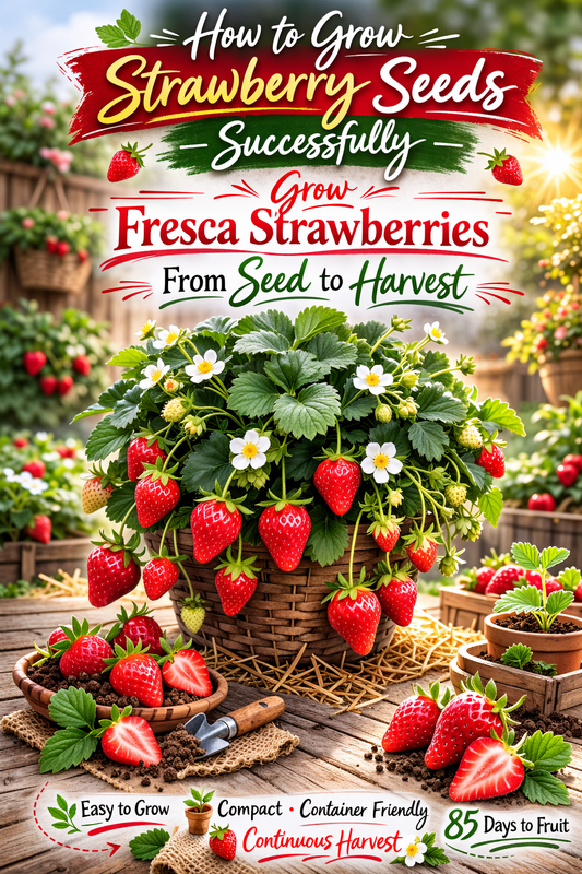 Fresca strawberry plant growing in container with flowers and ripe berries grown from seed