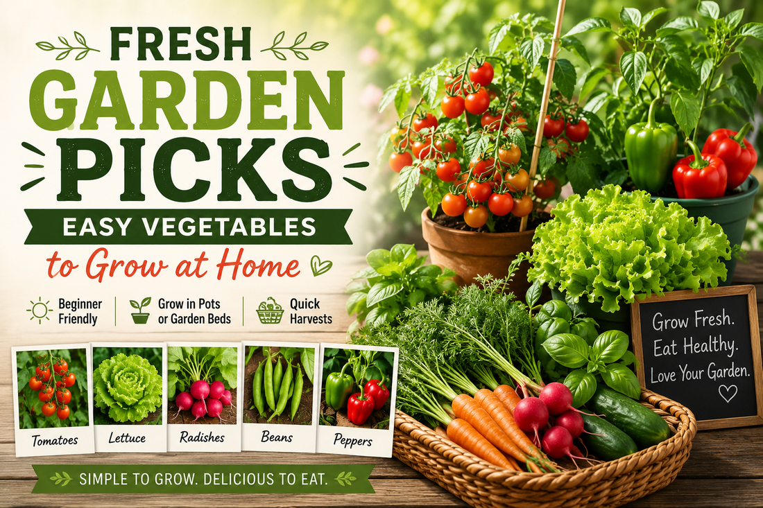 Fresh homegrown vegetables including tomatoes, lettuce, radishes, beans, peppers, carrots, and cucumbers growing in containers and garden beds