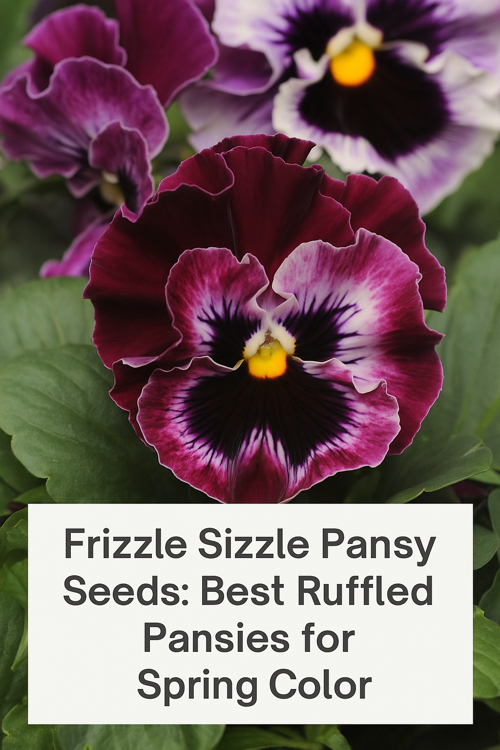 Deep purple ruffled Frizzle Sizzle pansy with bold texture and layered petals, shown with blog title overlay about the best pansies for spring color.
