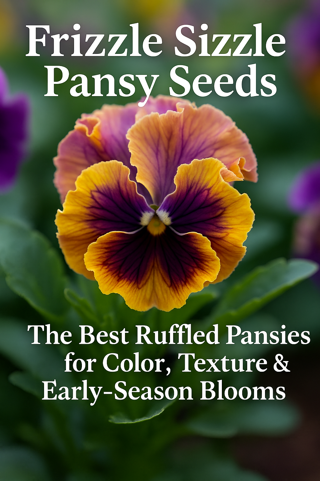 Ruffled Frizzle Sizzle pansy flower with blog title overlay highlighting the best pansy seeds for spring color and texture.
