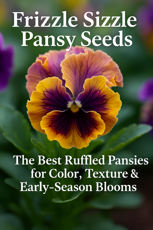 Ruffled Frizzle Sizzle pansy flower with blog title overlay highlighting the best pansy seeds for spring color and texture.