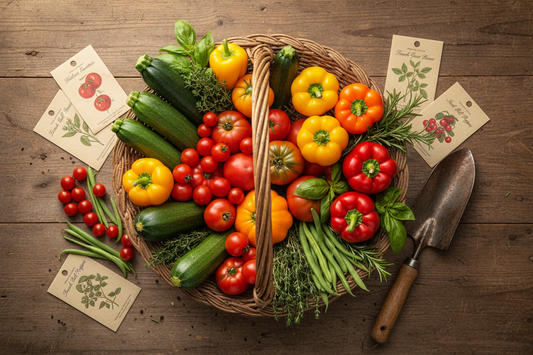 Harvest basket overflowing with fresh vegetables surrounded by seed packets and a garden trowel — planning a productive vegetable garden