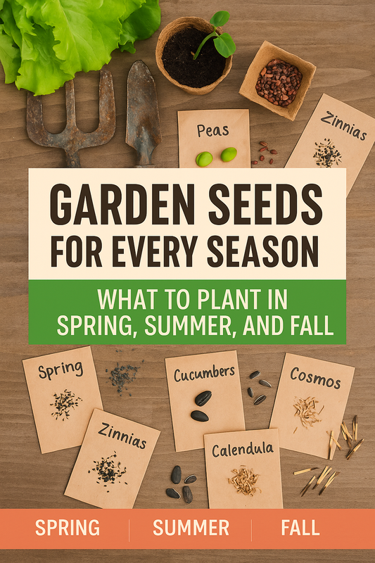 Flat lay of seasonal garden seeds including lettuce, kale, radish, peas, zinnias, cucumbers, tomatoes, cosmos, basil, calendula, snapdragons, parsley, and marigolds with gardening tools for spring, summer, and fall planting