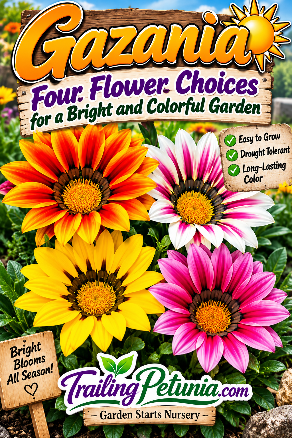 Four colorful gazania flowers blooming in a bright garden, featuring orange, pink, yellow and striped varieties with tips for growing vibrant, drought-tolerant flowers.