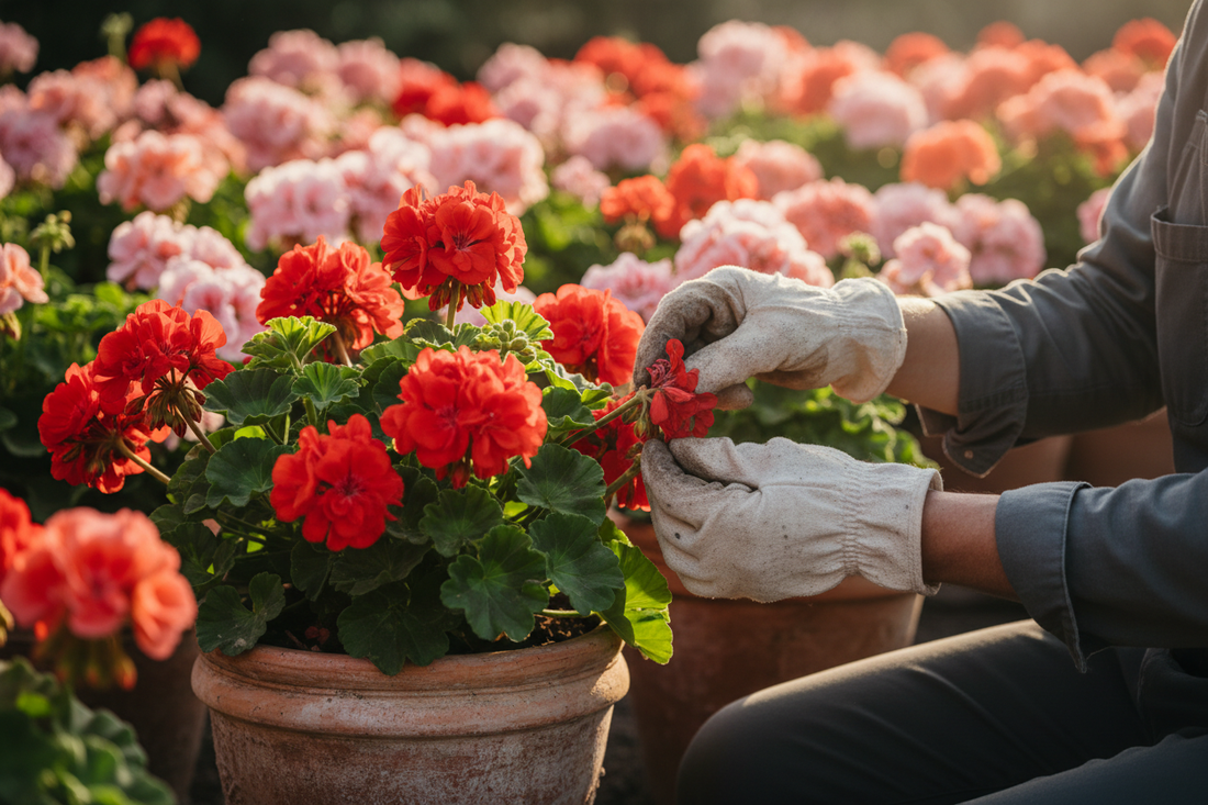 "Gardener deadheading a red zonal geranium in a terracotta pot to encourage non-stop blooms all season"