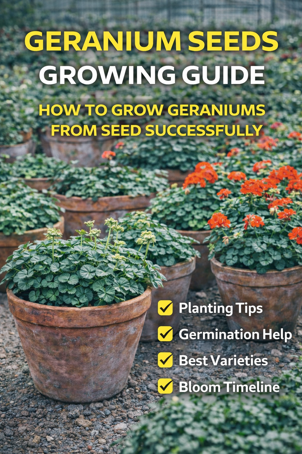 Geranium seeds growing guide showing healthy geranium plants in containers with tips for planting, germination, and bloom timeline in a greenhouse setting
