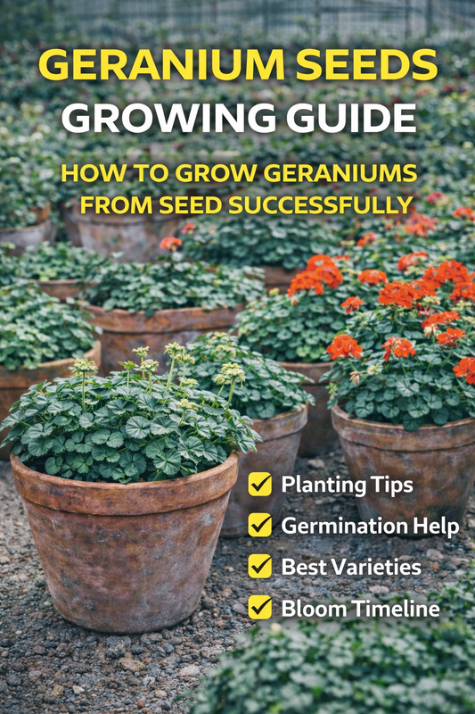 Geranium seeds growing guide showing healthy geranium plants in containers with tips for planting, germination, and bloom timeline in a greenhouse setting