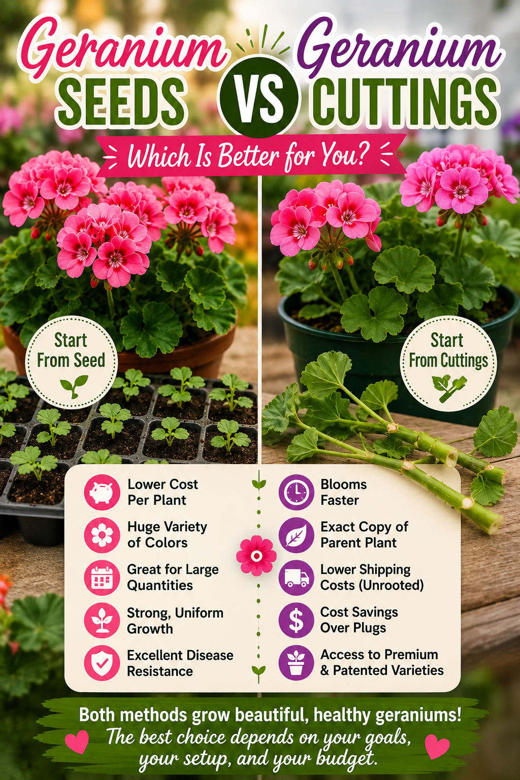 Geranium seeds vs cuttings comparison showing the differences between growing geraniums from seed and rooting cuttings for healthy flowering plants.