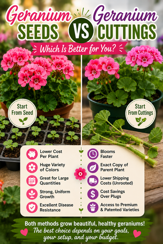 Geranium seeds vs cuttings comparison showing the differences between growing geraniums from seed and rooting cuttings for healthy flowering plants.
