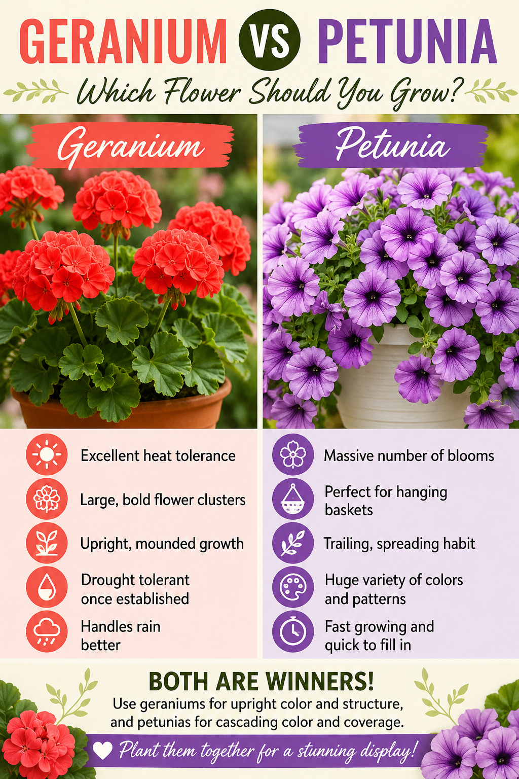 Geranium vs petunia comparison showing the differences between colorful geranium and petunia flowers for gardens, containers, and hanging baskets.