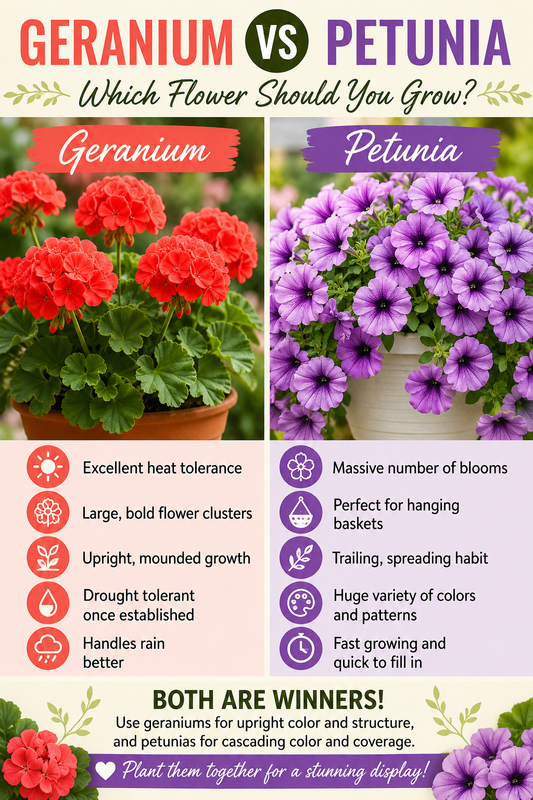 Geranium vs petunia comparison showing the differences between colorful geranium and petunia flowers for gardens, containers, and hanging baskets.