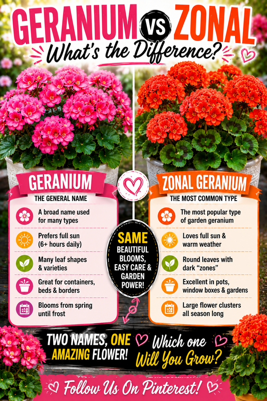 Pink geranium and zonal geranium plants growing side by side in containers showing their flowers and foliage for comparison.