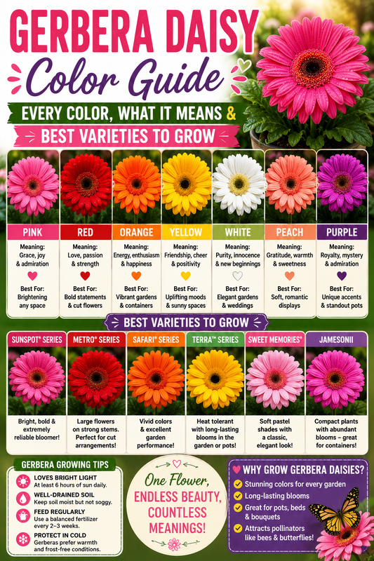 Gerbera Daisy color guide featuring pink, red, orange, yellow, white, peach, and purple blooms with their meanings and the best Gerbera varieties to grow in home gardens and containers.