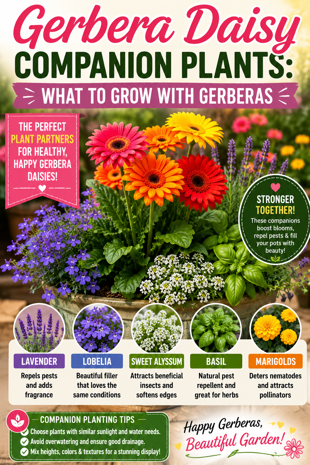 Colorful Gerbera daisies growing with companion plants including lavender, lobelia, sweet alyssum, basil, and marigolds to improve blooms, attract pollinators, and create a healthy garden.