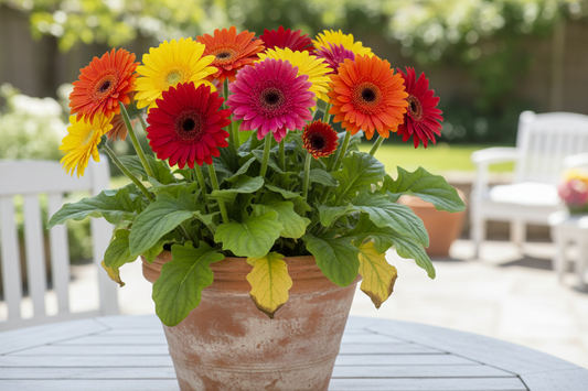 Gerbera daisy in terracotta pot with yellowing leaves — troubleshooting guide for common gerbera problems