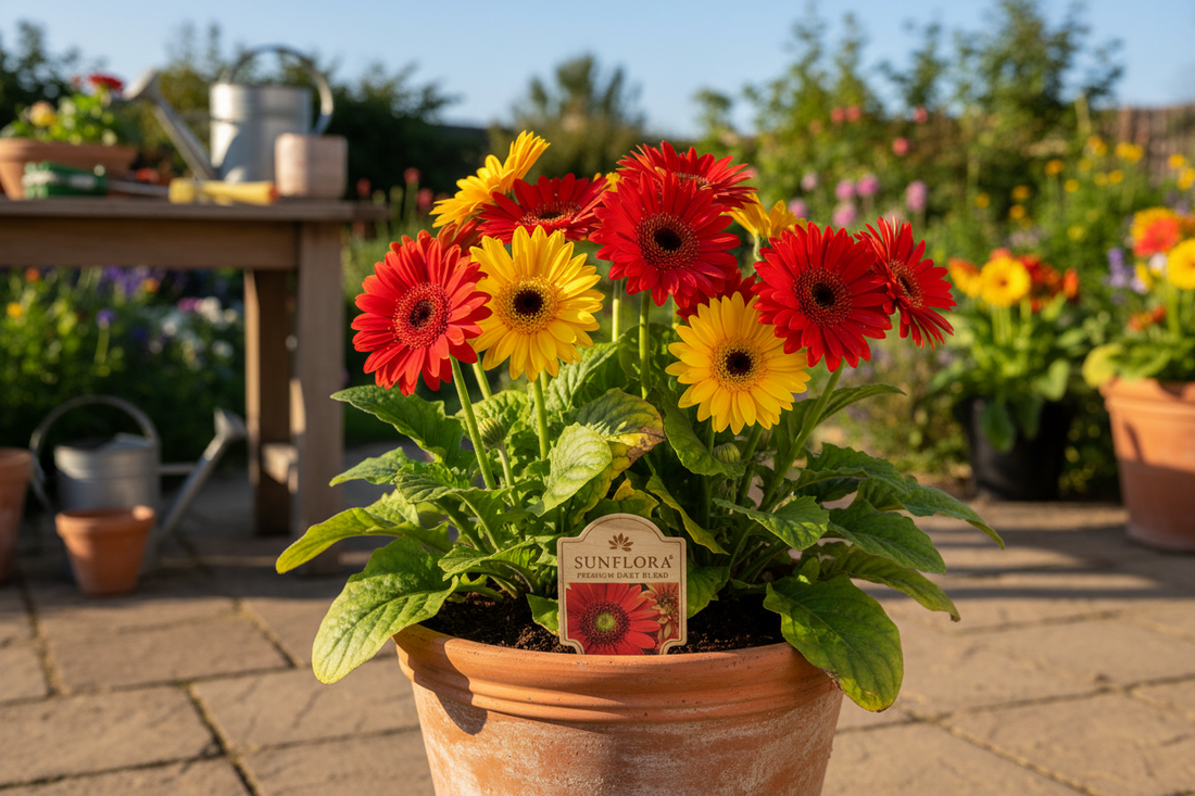 Gerbera daisy plant in terracotta pot showing healthy blooms and early stress signs