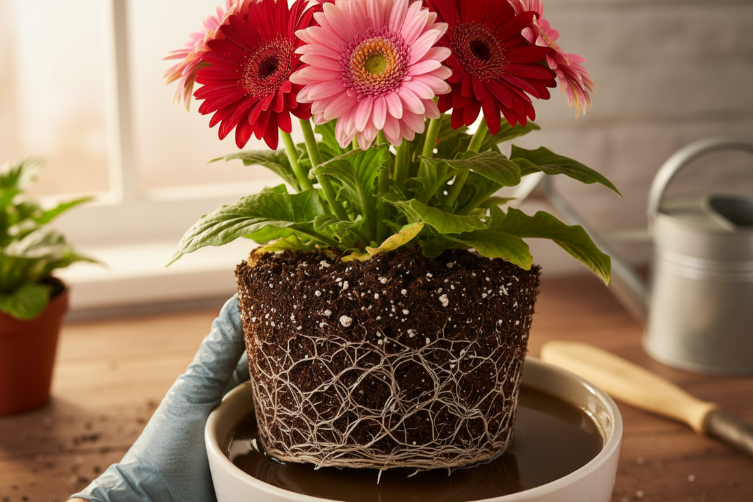 Gerbera daisy plant showing healthy white roots vs brown rotted roots — signs of root rot and how to save your plant