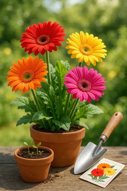 Close-up of bright Gerbera daisy flowers with a small pot of seedlings and bulk flower seeds in the foreground. Ultimate guide to growing Gerbera daisy seeds for big blooms