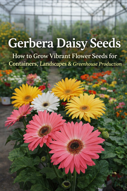 Gerbera daisy seeds growing in a greenhouse with vibrant pink, yellow, and white flowers