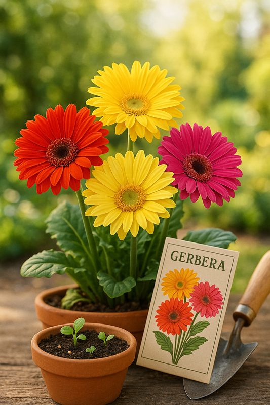 Bright Gerbera Daisy plants growing from seed in terracotta pots with vibrant blooms in red, yellow, orange, and pink.