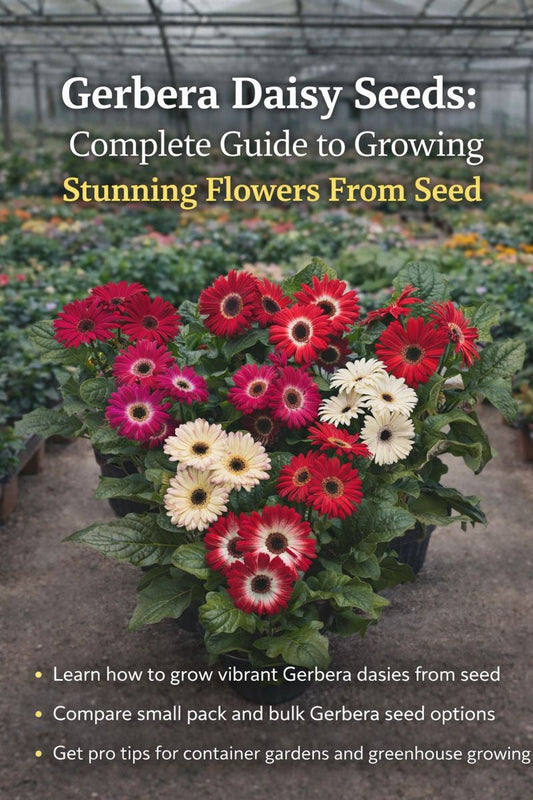 Premium gerbera daisy seeds producing vibrant flowers in containers and garden settings