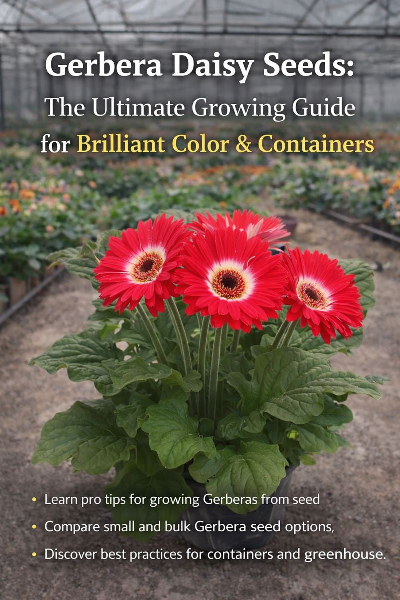 Gerbera daisy seeds growing vibrant flowers in greenhouse and nursery container settings