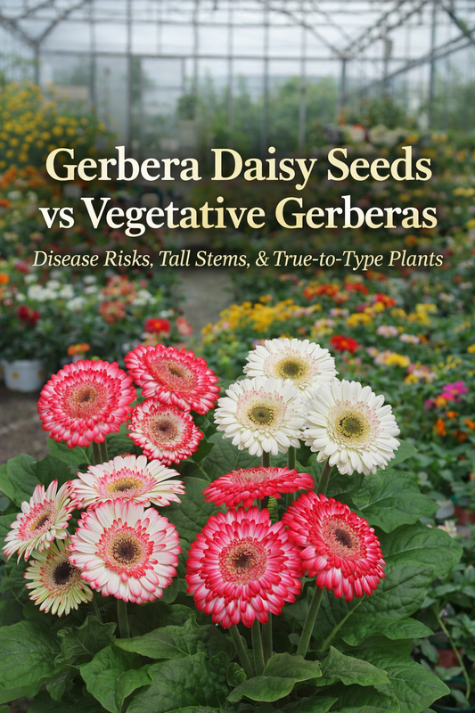 Gerbera daisy seeds and vegetative Gerbera plants growing in a greenhouse setting