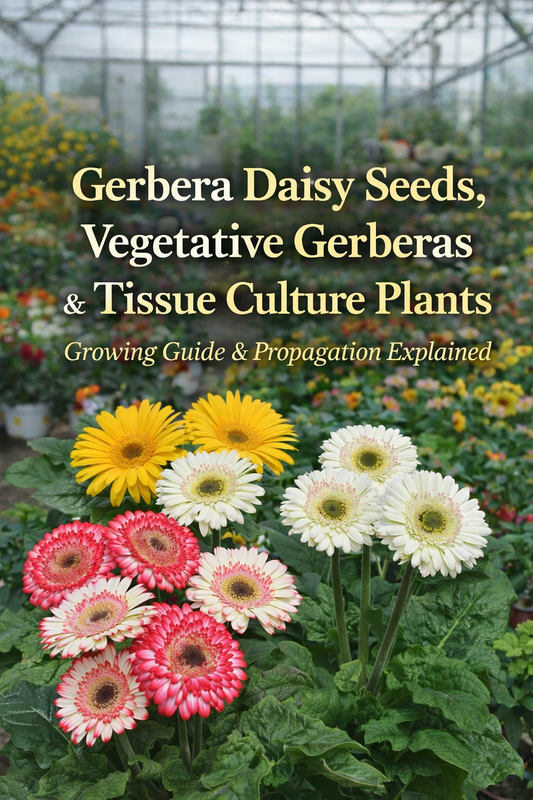 Gerbera daisy seeds and vegetative and tissue culture Gerberas growing in a greenhouse