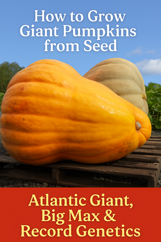 Giant pumpkins grown from seed, including Atlantic Giant and Big Max varieties, on display for record pumpkin growing