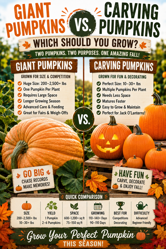 Giant pumpkins vs. carving pumpkins comparison showing size, growing tips, harvest differences, and the best pumpkin type for your garden.