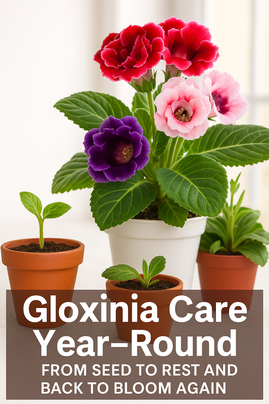 Vibrant Gloxinia flowers with lush leaves and new green shoots representing year-round indoor growth and reblooming care