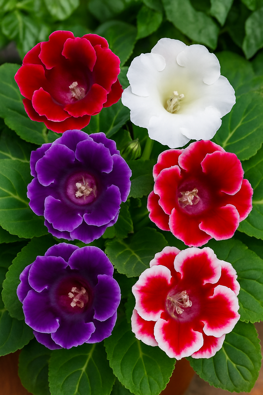 Healthy indoor Gloxinia plants with vibrant red, purple, and white blooms showing proper light, watering, and temperature care for tropical growth