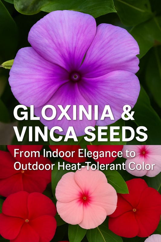 Gloxinia and Vinca flowers in vibrant pink, red, white, and purple — showcasing indoor elegance and outdoor color from seed.