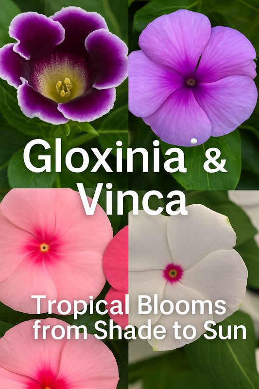 Gloxinia and Vinca flowers in vibrant pink, red, apricot, and white, showcasing tropical blooms that thrive from indoor shade to outdoor sun.