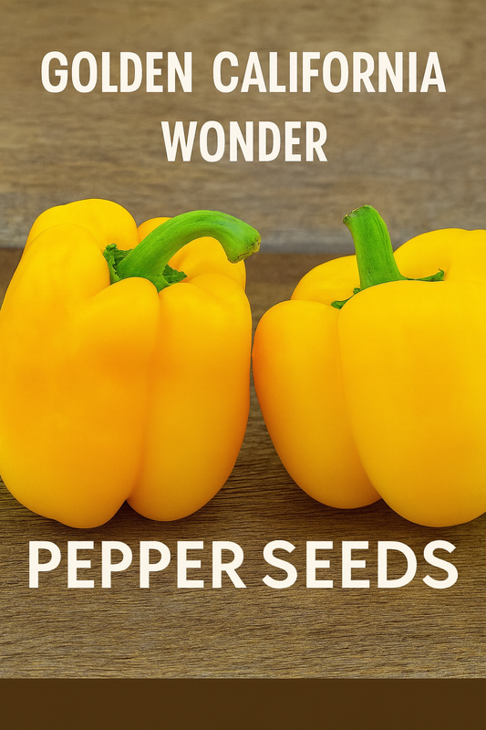 Two bright Golden California Wonder bell peppers with glossy yellow skin and green stems resting on a wooden surface, a classic sweet pepper variety