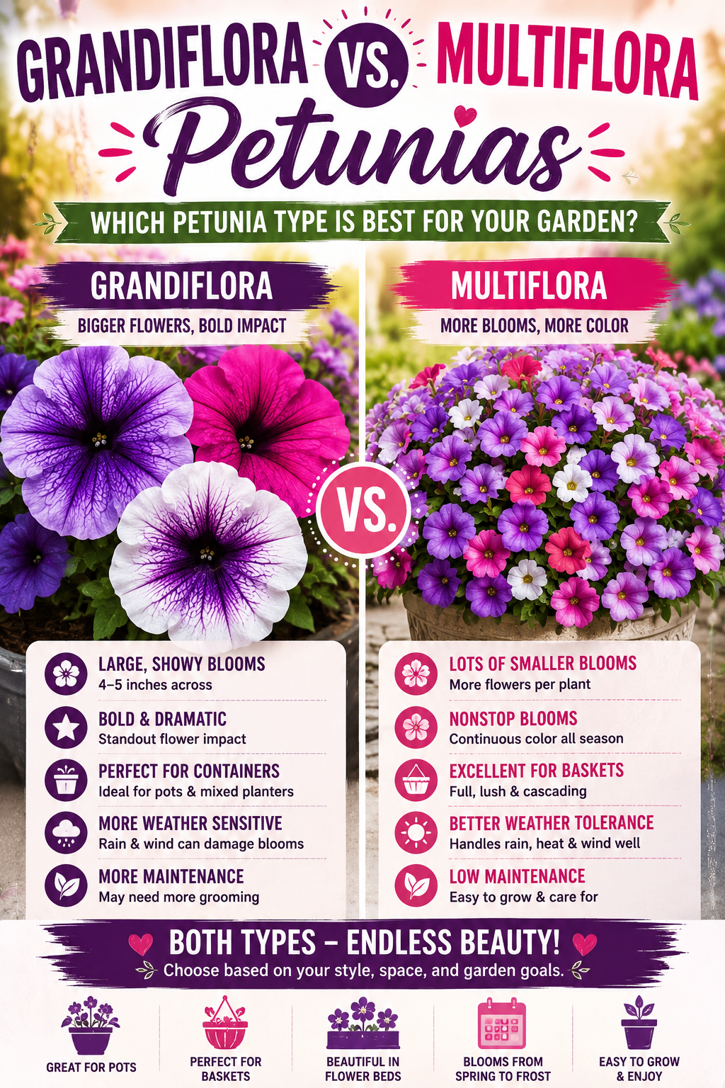 Grandiflora and Multiflora petunias compared side by side showing large showy blooms versus smaller flowers with heavy bloom production in containers and garden beds.