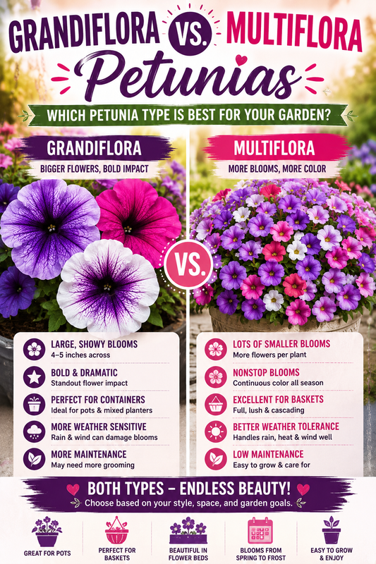 Grandiflora and Multiflora petunias compared side by side showing large showy blooms versus smaller flowers with heavy bloom production in containers and garden beds.