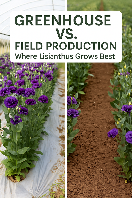 Comparison of lisianthus production in greenhouse, high tunnel, and open field growing environments, highlighting differences in bloom quality and crop performance