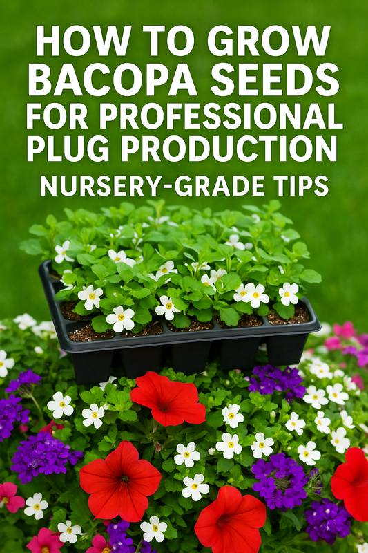 Bacopa seedlings in plug trays and blooming Snowtopia and Pinktopia Bacopa in a greenhouse